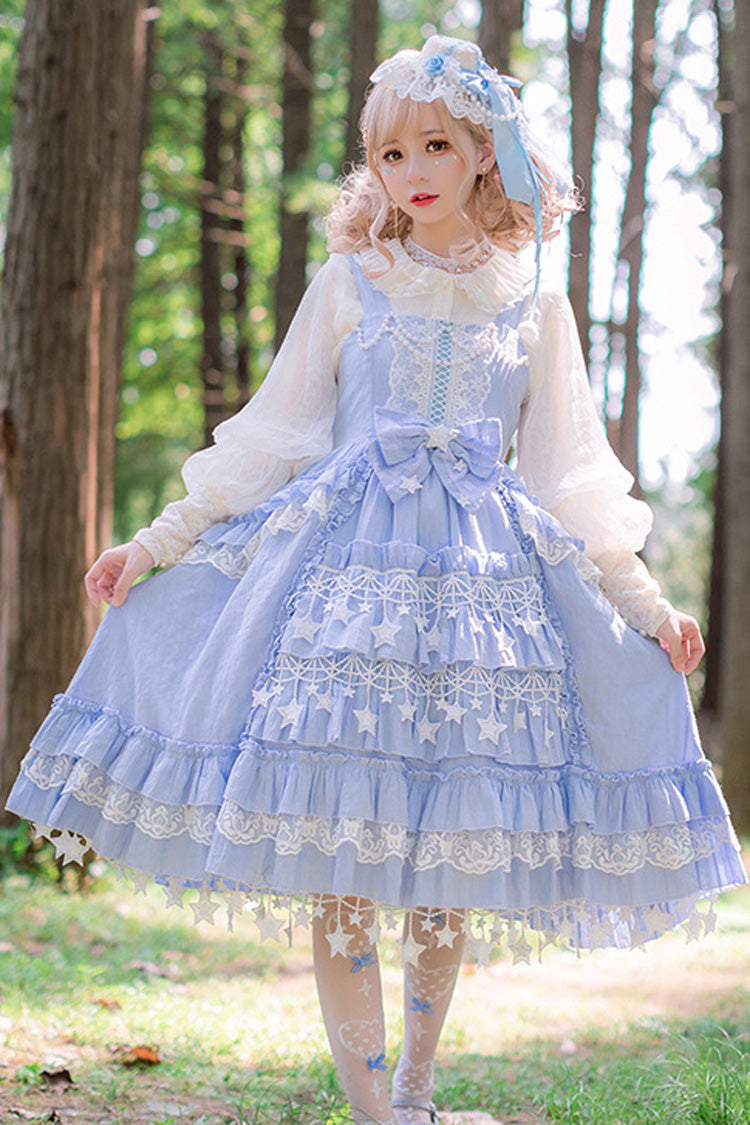 Blue Headbow Lace Ruffled Hanayome Sweet Lolita JSK Tiered Dress - Product - 5