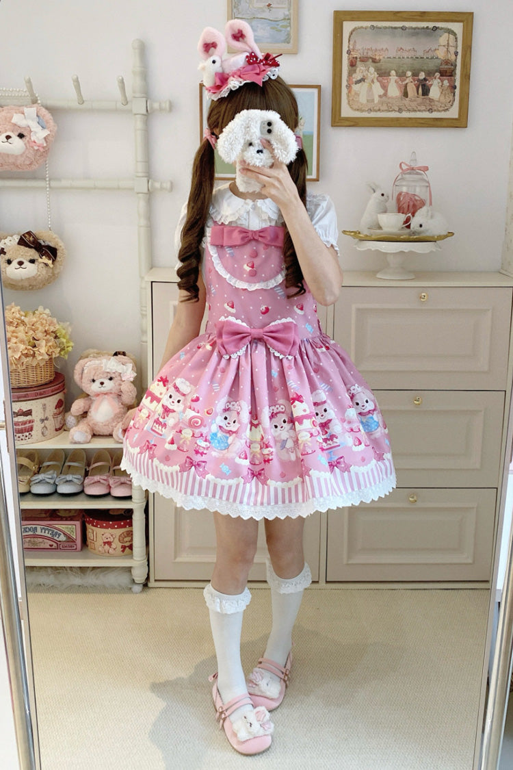 Pink [Cupid Bunny] Printed Sleeveless Bow Sweet Princess Lolita Strap Dress - Product - 11
