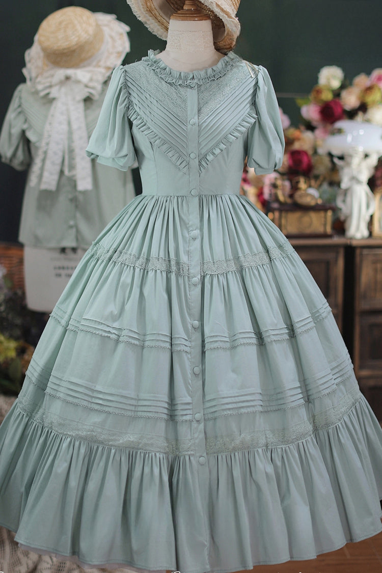 Elegant Cardigan Round Neck Short Sleeves Ruffle One Piece Sweet Lolita Dress 8 Colors - Green - 7