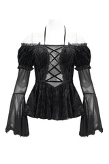 Black Halterneck Long Sleeves Hollow Lace-Up Mesh Women's Gothic Blouse - Product - 3