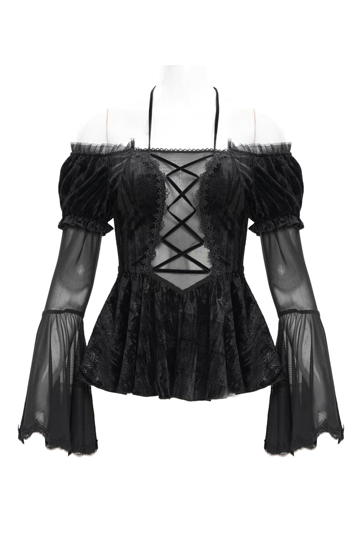 Black Halterneck Long Sleeves Hollow Lace-Up Mesh Women's Gothic Blouse - Product - 3