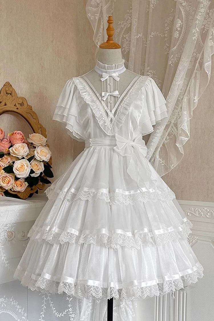 White Castle Night High Waisted Ruffled Hanayome Gothic Lolita Tiered Dress - White - 1