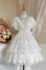 White Castle Night High Waisted Ruffled Hanayome Gothic Lolita Tiered Dress - White - 1