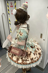 Brown [Peppermint Chocolate] Chocolate Cake Bear Print Ruffle Bowknot Lace-Up Sweet Lolita Dress - Product - 14