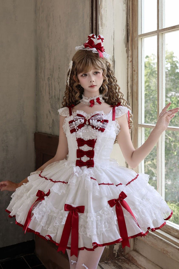 White [Candy Satin Ballet] Square Collar Sleeveless Multi-Layered Ruffled Bow Lace Pearl Detail Sweet Lolita Jsk Dress - White(Dress-Only) - 1
