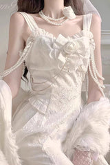 White [Camellia 1.0] Sleeveless Jacquard Ruffle Lace Sweet Chinese Style Lolita Jsk Fishtail Dress - Product - 5