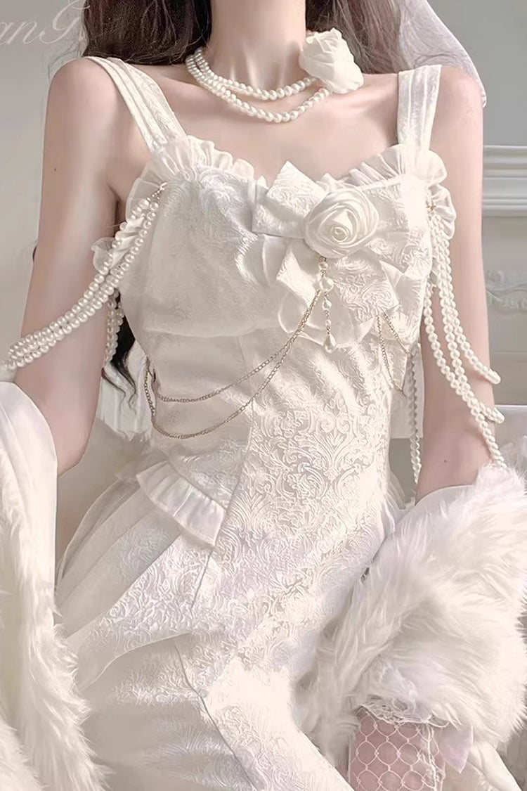 White [Camellia 1.0] Sleeveless Jacquard Ruffle Lace Sweet Chinese Style Lolita Jsk Fishtail Dress - Product - 5