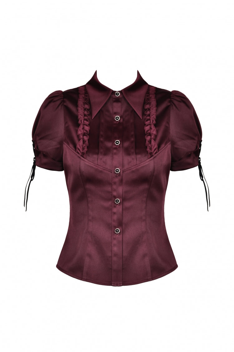 Wine Red Point Collar Short Puff Sleeves Ruffled Women's Gothic Elegant Blouse - Product - 3