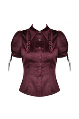 Wine Red Point Collar Short Puff Sleeves Ruffled Women's Gothic Elegant Blouse - Product - 3