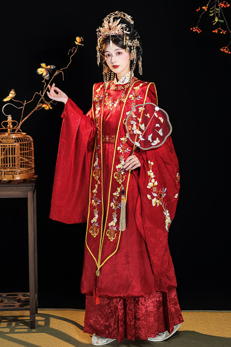 Red Chinese Style Hot Stamping Embroidery High Waisted Hanfu Dress Full Set - Product - 3