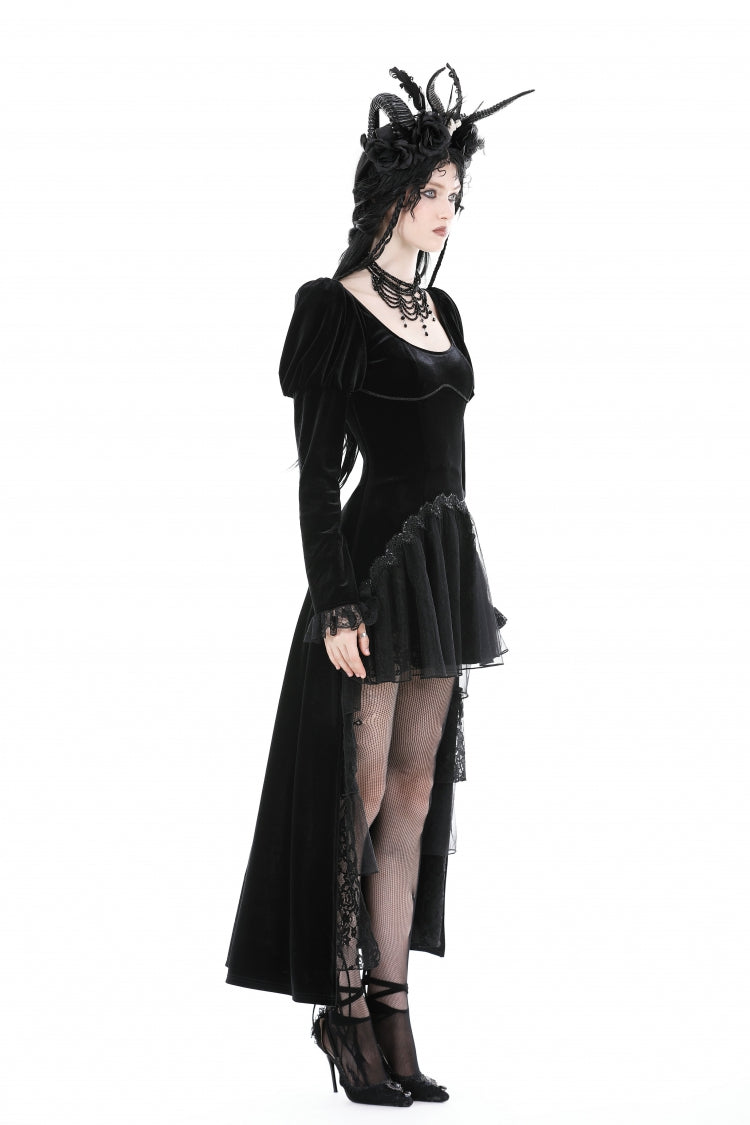 Black Round Collar Long Puff Sleeves Lace Lace-Up Hem High Low Women's Gothic Velvet Wedding Dress - Product - 7