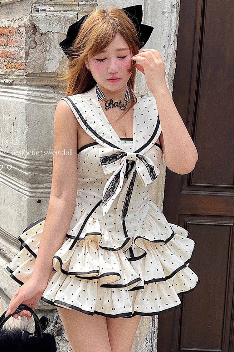 Apricot Multi-layer Polka Dots Print Navy Doll Ruffle Bowknot Sweet Lolita Tiered Dress - Product - 2
