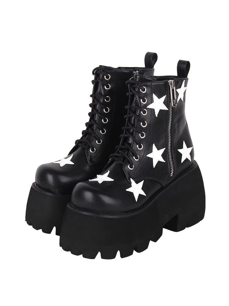 Black Five-pointed Star Print Zipper Punk Lolita Ankle Boots - Black - 1