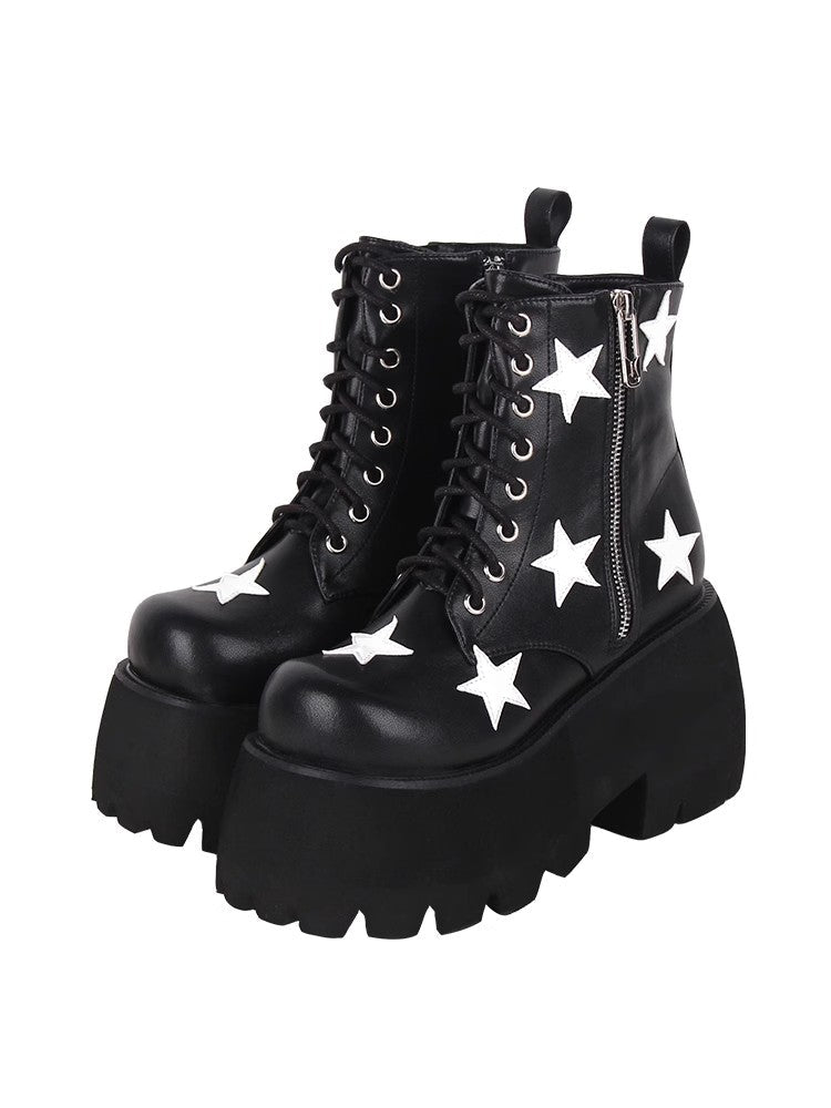 Black Five-pointed Star Print Zipper Punk Lolita Ankle Boots - Black - 1