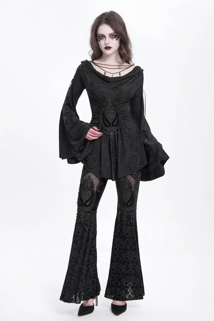 Black Long Trumpet Sleeves Print Embroidery Women's Gothic Blouse - Product - 8