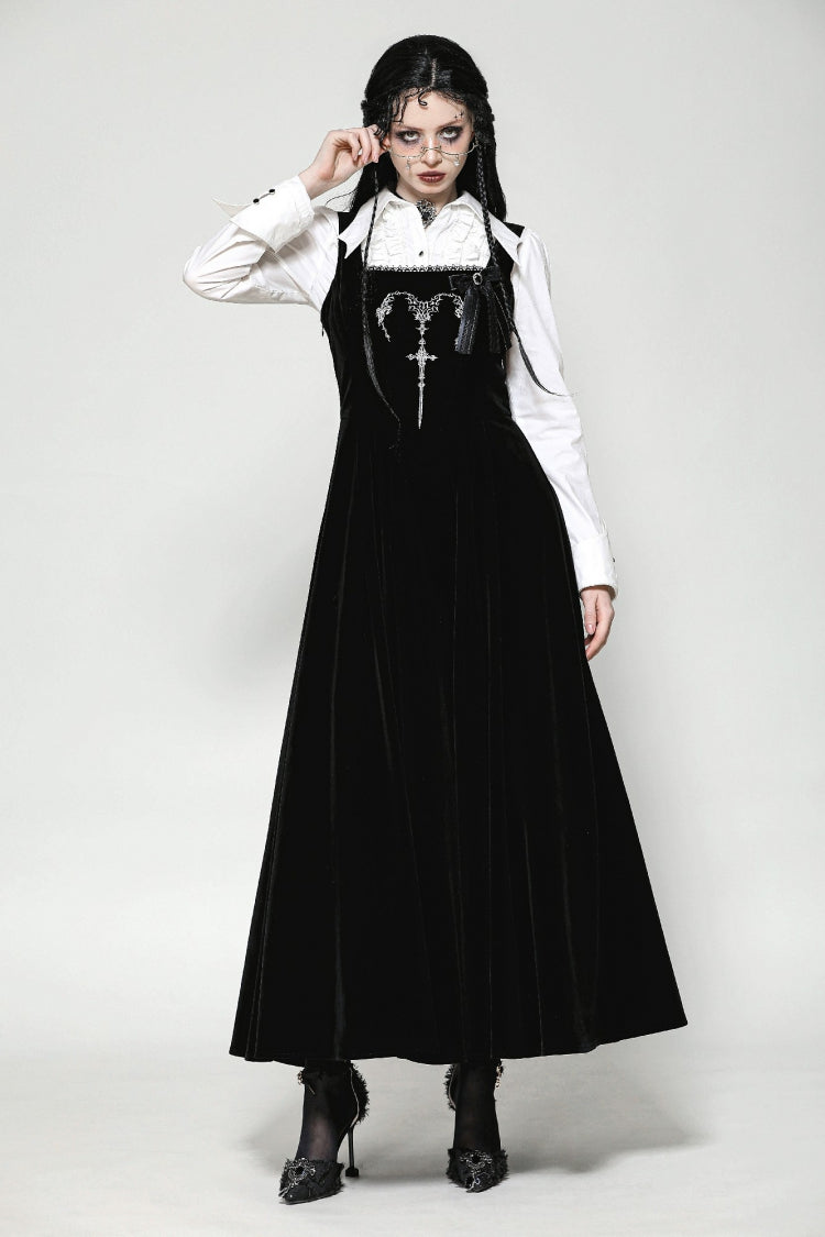 Black Horn Embroidered Lace-Up Women's Gothic Velvet Maxi Dress - Black - 1