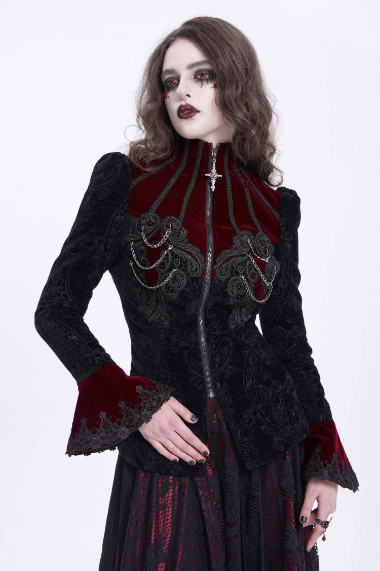 Black/Red Stand Collar Long Trumpet Sleeves Embroidery Women's Gothic Jacket - Black/Red - 1