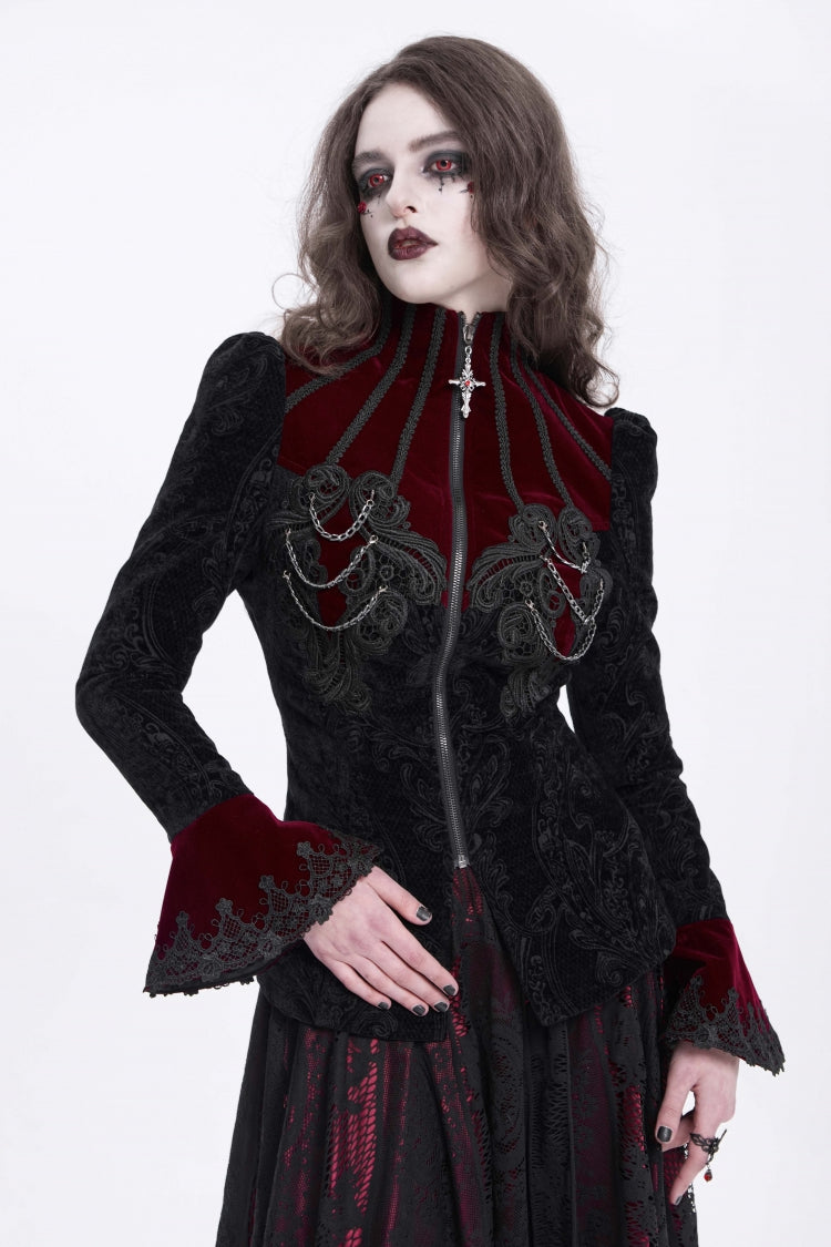 Black/Red Stand Collar Long Trumpet Sleeves Embroidery Women's Gothic Jacket - Black/Red - 1