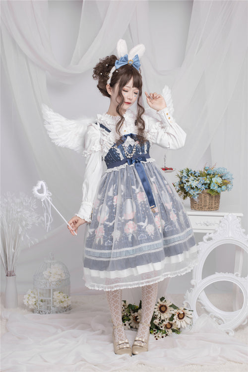 Blue Chiffon Flower Wedding Wearing Veil Princess Sweet Lolita JSK Dress - Product - 3