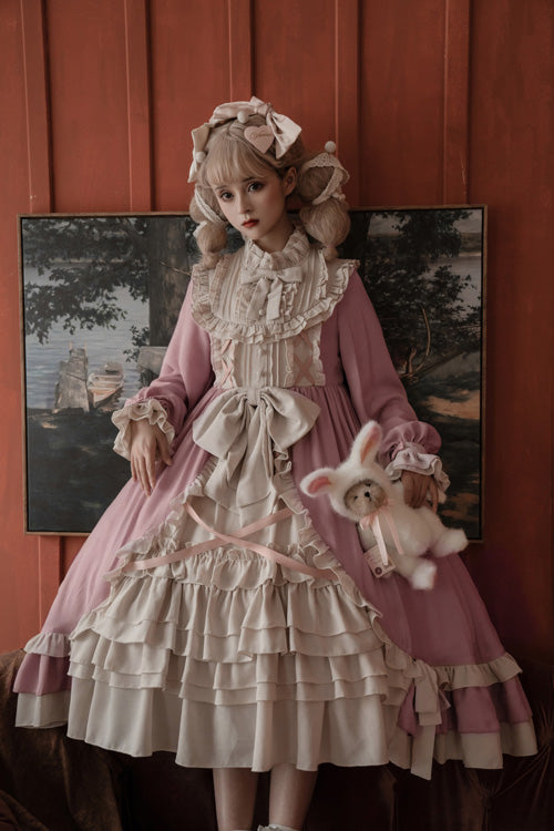 Pink Round Collar Bowknot Long Sleeves Multi-Layer Ruffled Sweet Lolita OP Dress - Product - 2
