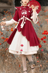 Red Round Collar Long Sleeves High Waisted Rabbits Embroidery Sweet Hanfu Dress Full Set - Red - 1