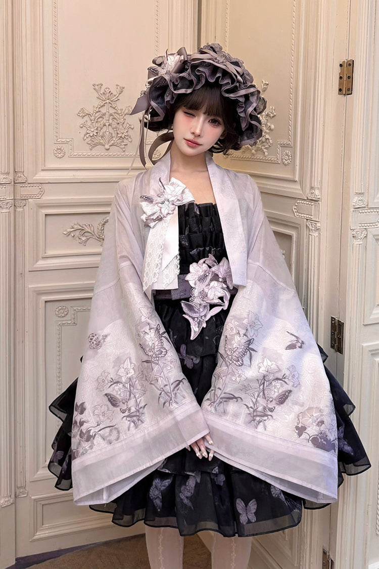 [Stained Glass Dream] Square Collar Sleeveless High Waisted Multi-Layered Printed Ruffled Bow Gothic Lolita Jsk Dress 2 Colors(Black/Purple, White/Purple) - Product - 8
