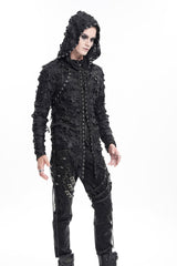 Black Studs Long Sleeves Lace-Up Ripped Men's Gothic Hooded Coat - Product - 5