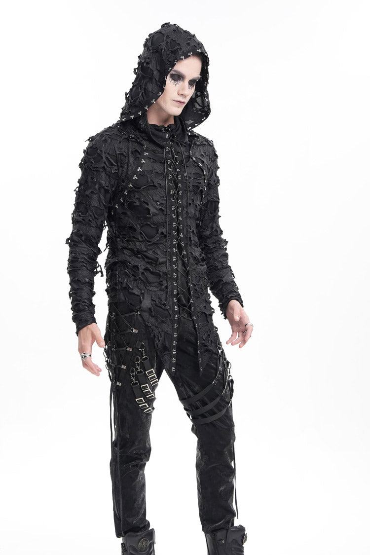 Black Studs Long Sleeves Lace-Up Ripped Men's Gothic Hooded Coat - Product - 5