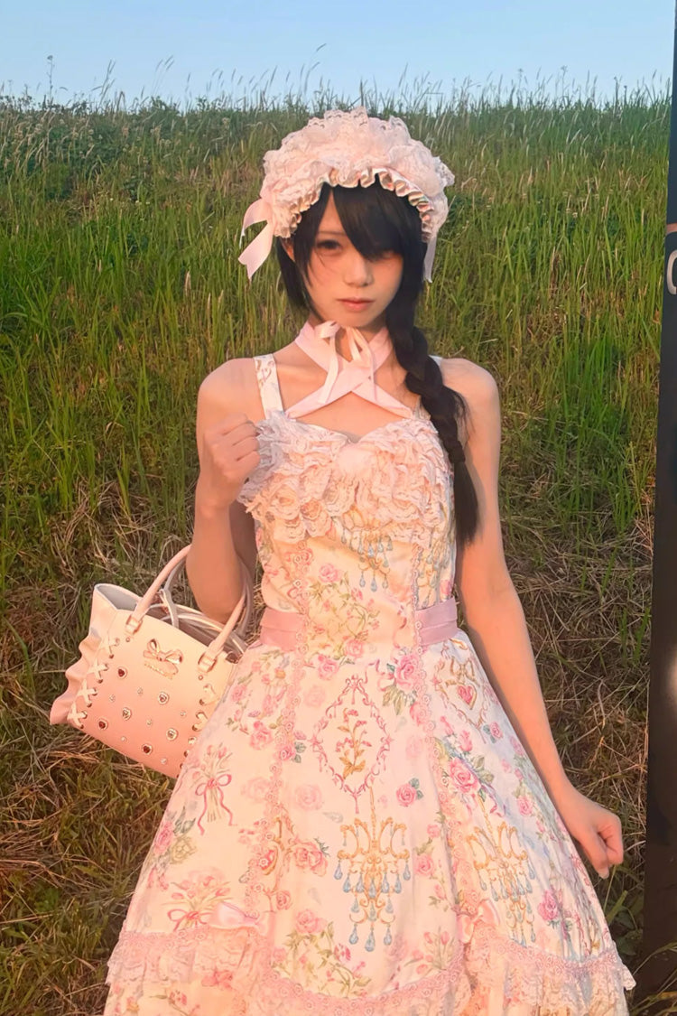 White/Pink Sleeveless Flower Wall Print Ruffle Bowknot Lace Sweet Lolita Jsk Dress - Product - 17