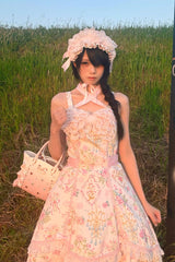 White/Pink Sleeveless Flower Wall Print Ruffle Bowknot Lace Sweet Lolita Jsk Dress - Product - 17