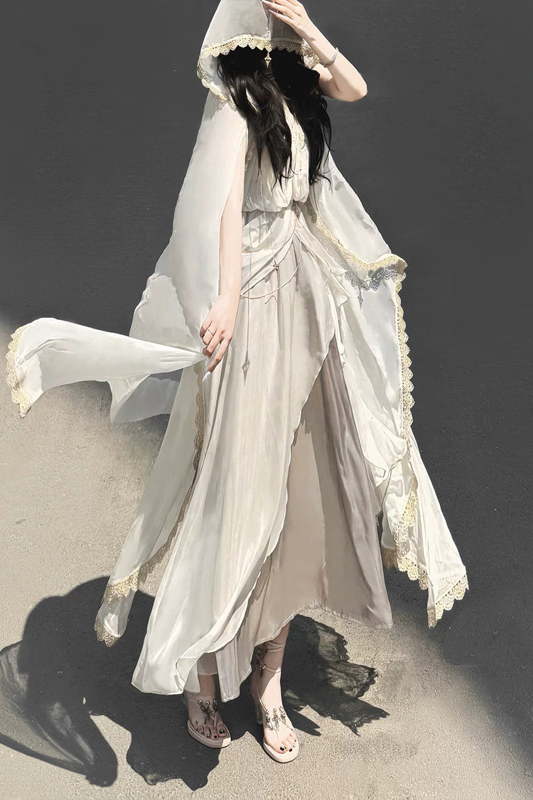 White [Angel of Judgment] Greek-Inspired V Collar Sleeveless Ruffled Embroidered Asymmetric Sweet Lolita Jsk Dress Set - Product - 6