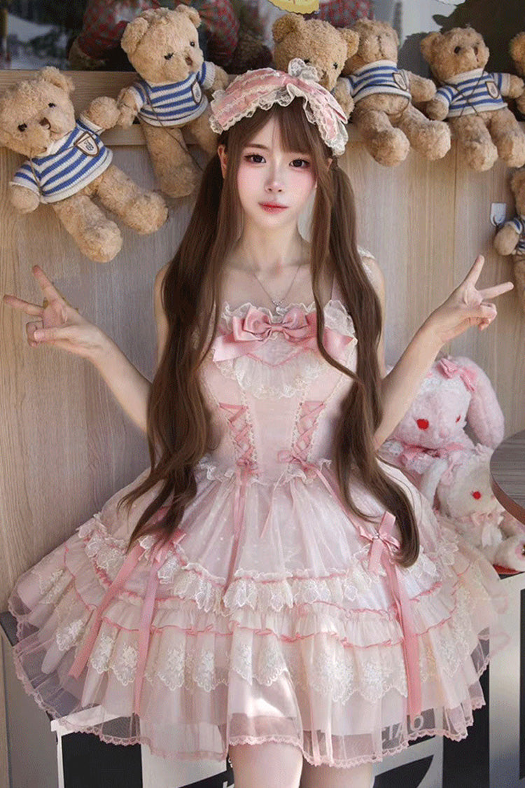 Pink [Candy House] Sleeveless Ruffle Bowknot Lace Lace-Up Sweet Lolita Jsk Dress - Product - 15