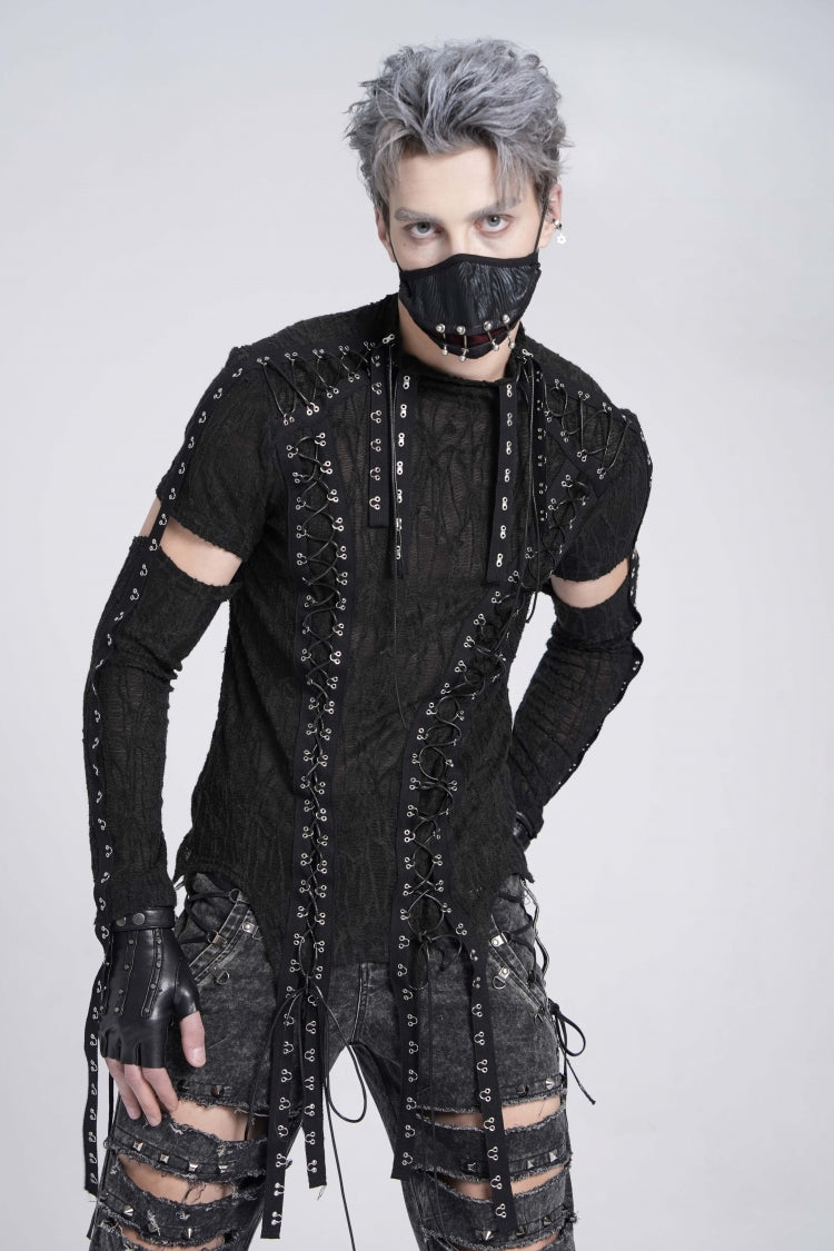 Black Long Sleeves Strap Lace-Up Irregular Mesh Men's Gothic T-Shirt - Product - 2