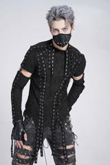 Black Long Sleeves Strap Lace-Up Irregular Mesh Men's Gothic T-Shirt - Product - 2