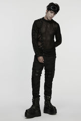 Black Long Sleeves Mesh Eyelet Men's Punk T-Shirt - Product - 4