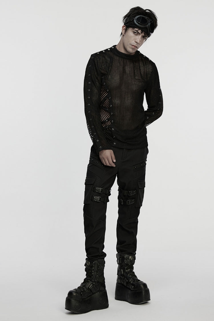 Black Long Sleeves Mesh Eyelet Men's Punk T-Shirt - Product - 4