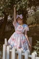 Pink/Blue Doll Collar Short Sleeves Rabbit Candy Paper Print High Waisted Sweet Lolita OP Dress - Product - 6