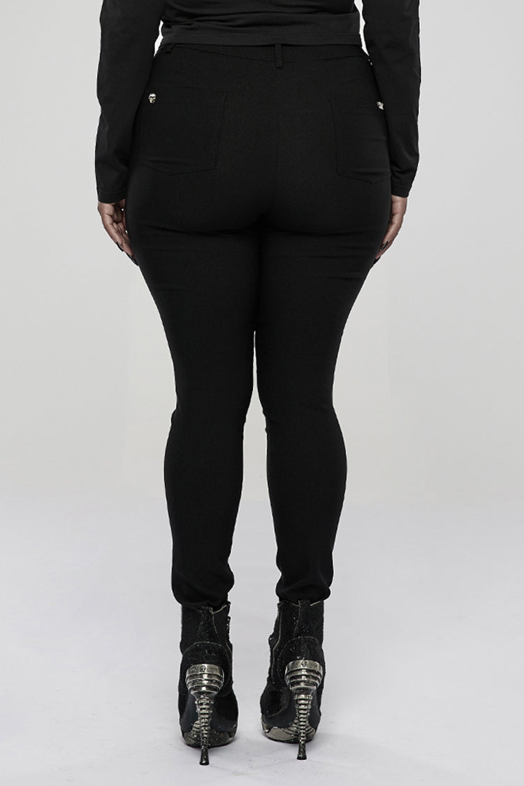 Black Elasticity Knitting Holes Design Cross Tied Rope Decoration Sexy Tight Women's Plus Size Punk Trousers - Product - 3