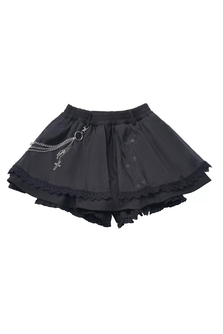 Black [Hymn of the Cross] Long Sleeves Printed Ruffled Asymmetric Chain-Decorated Gothic Jirai Kei Skirt Set - Short Skirt - 15