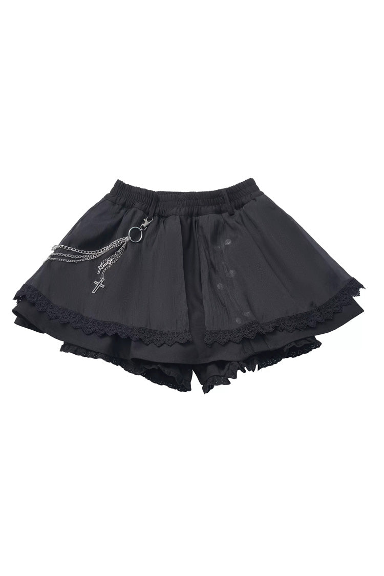 Black [Hymn of the Cross] Long Sleeves Printed Ruffled Asymmetric Chain-Decorated Gothic Jirai Kei Skirt Set - Short Skirt - 15