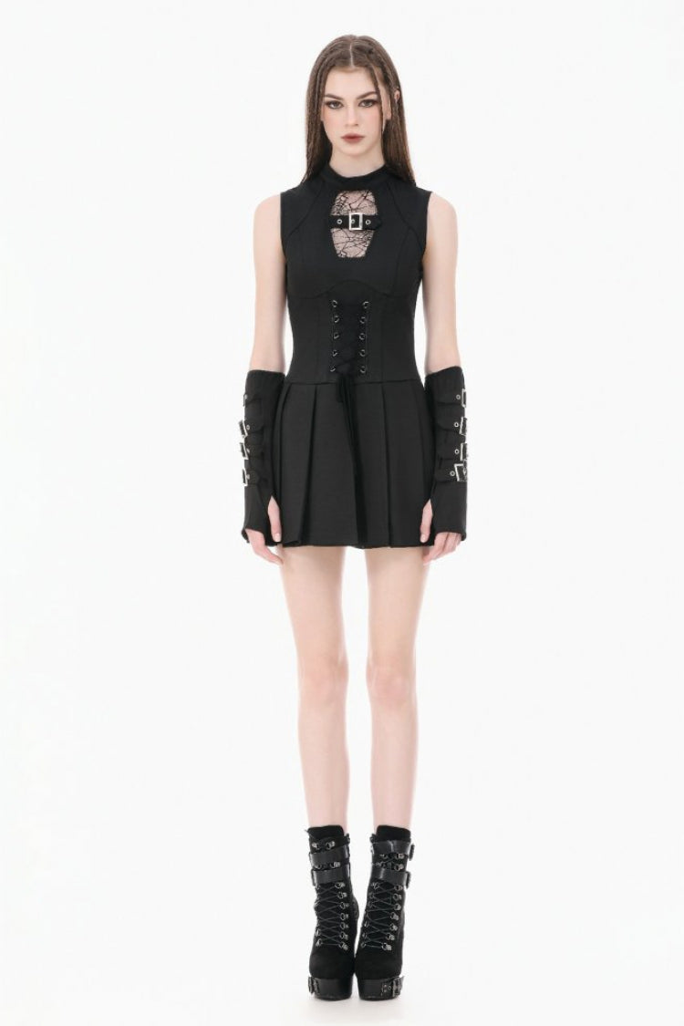Black Sleeveless Cut-Out Cobweb Sheer Mesh Lace-Up Women's Punk Mini Dress - Product - 6