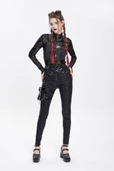 Black Print Buckle Straps Women's Punk Pants with Leg Bag - Product - 9