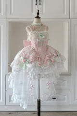 Pink [Honey Rose] Sleeveless Ruffle Embroidery Bowknot Lace Pearl Sweet Lolita Jsk Dress - Product - 10