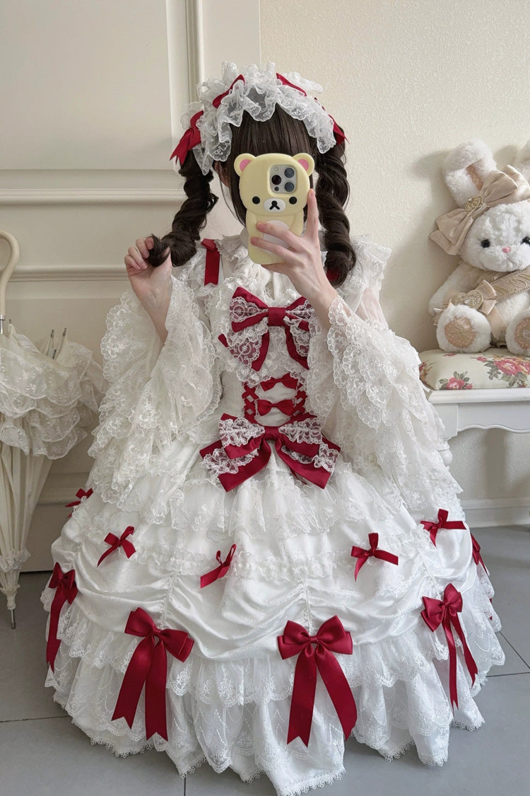 White/Red [Silk Satin Gift Box] Square Collar Sleeveless Multi-Layered Ruffled Bow Lace Sweet Lolita Jsk Dress - Product - 10