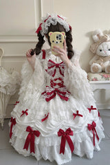 White/Red [Silk Satin Gift Box] Square Collar Sleeveless Multi-Layered Ruffled Bow Lace Sweet Lolita Jsk Dress - Product - 10