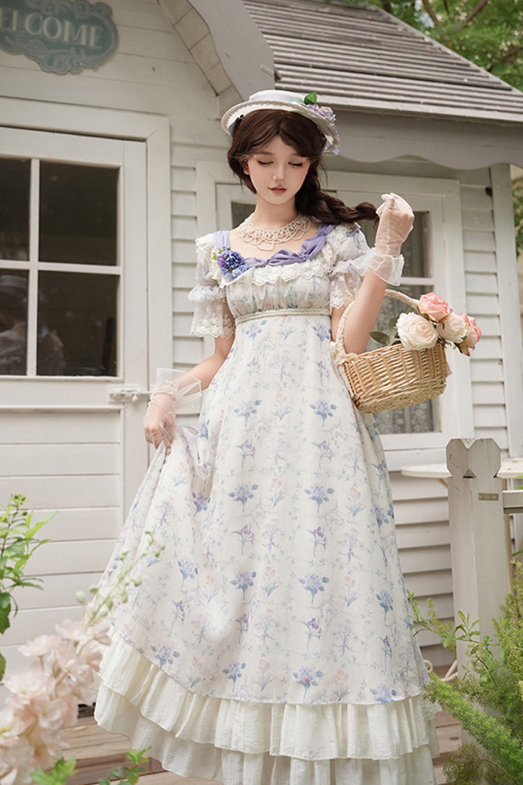 Purple/Ivory [Iris Secrets] Short Sleeves Double-Layered Print Ruffle Bowknot Lace-Up Sweet Lolita Dress - Purple/Ivory - 1