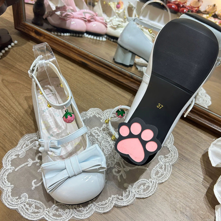 Round Toe Bow Mid Heel Lolita Mary Jane Shoes with Cat Paw Heels & Ankle Bells 6 Colors - Light-Blue - 5
