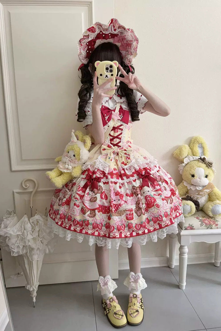 Red/Yellow [Sweet Berry Bunny Bear] Printed Bow Lace Lace-Up Sweet Lolita Jsk Dress - Product - 4