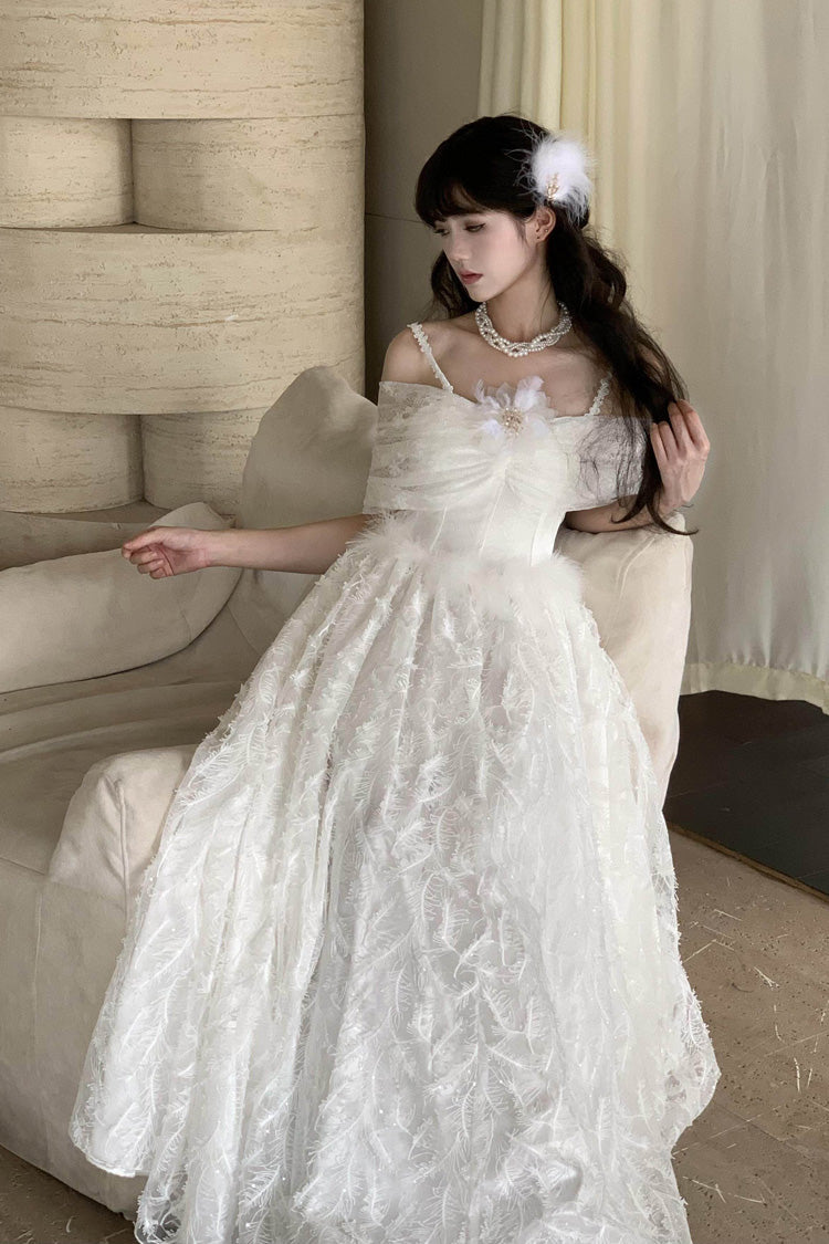 White [Moonlight] Off Shoulder Jacquard Embroidered Bow Gothic Lolita Jsk Dress - Product - 10