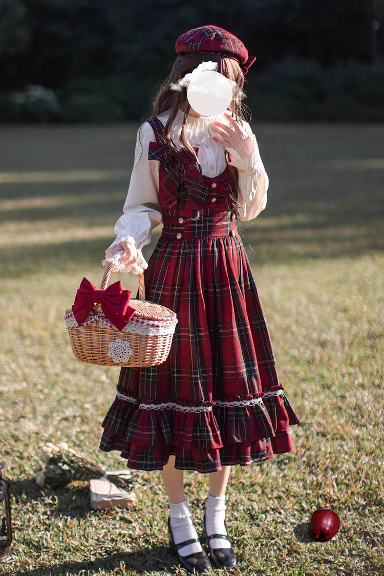 Red [Little Red Riding Hood] Double-Layered Plaid Print Ruffle Bowknot Sweet Vintage Lolita Jumper Dress - Product - 13